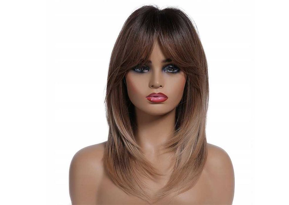 Peruka brązowa proste włosy grzywka ombre