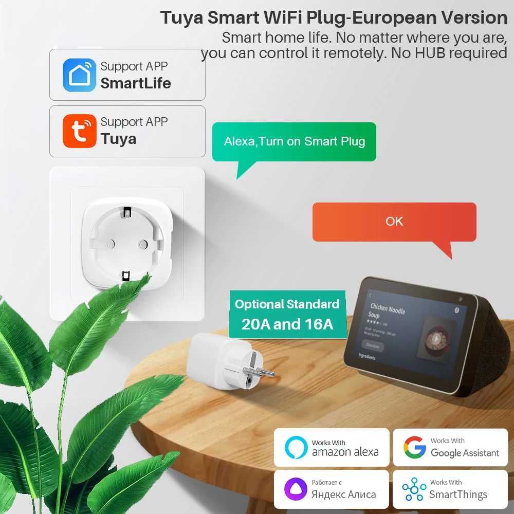 Elivco Умная Розетка с таймером, 20А, Wi-Fi Alexa Google Home Tuya App