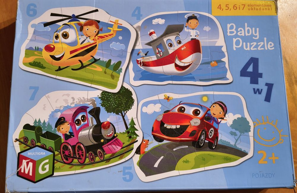Helikopter, statek, auto i pociąg duże puzzle 2+