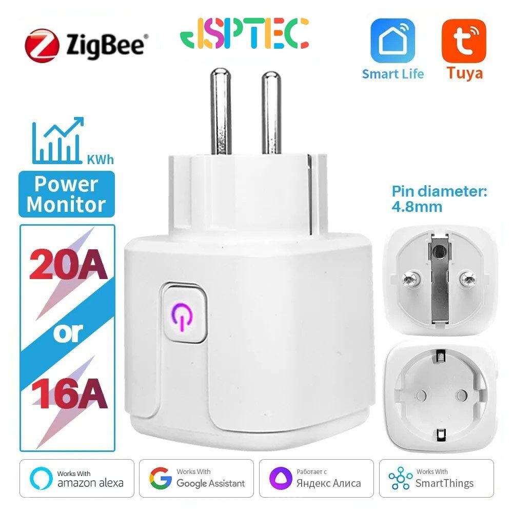 Умная Zigbee-розетка 20 ампер   с энергометром  Tuya/Smart Life