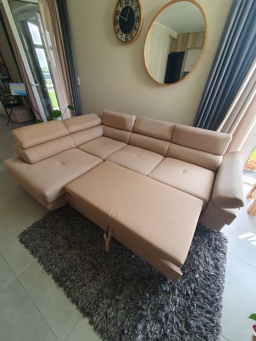 Naroznik JAK NOWY z funkcją spania i schowkiem, regulowane zaglowki pu