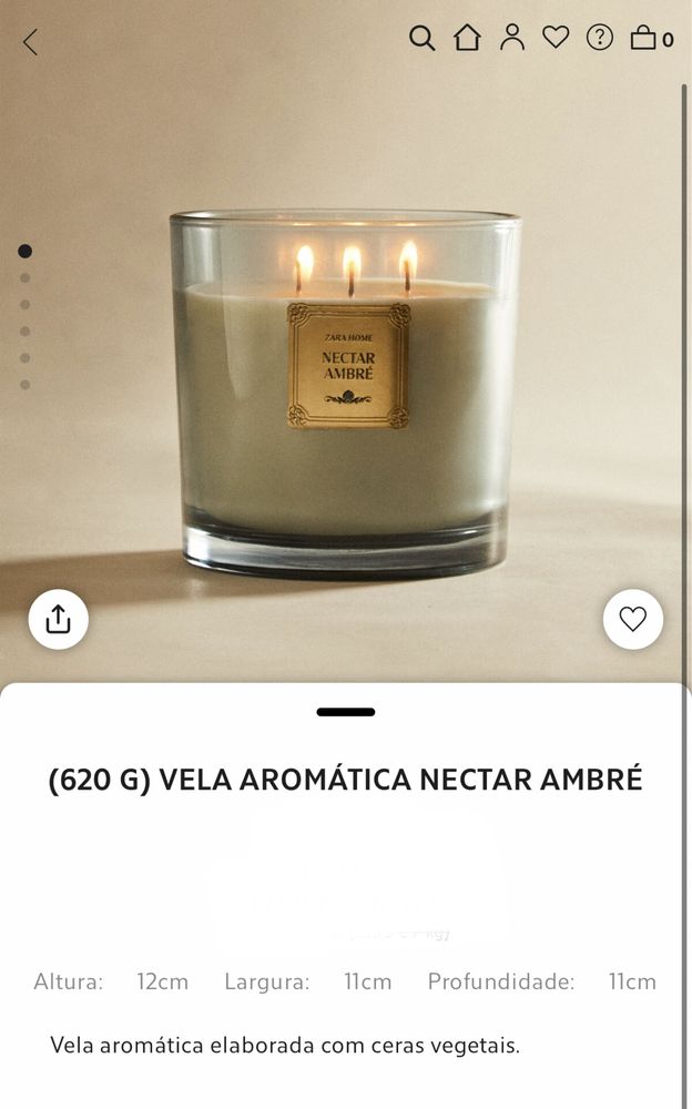 (620 G) Vela Aromáticas NECTAR AMBRÉ Zara Home NOVO