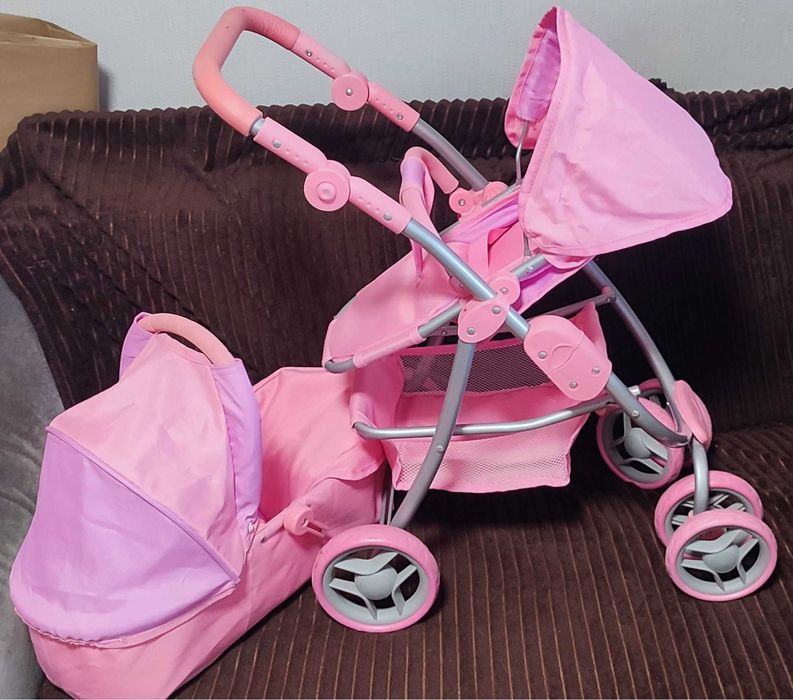 Детская коляска для кукол розовая, с поворотными колёсами, 2 в 1