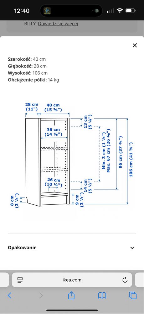 Mały szafka IKEA BILLY regał 40x28x106 czarna