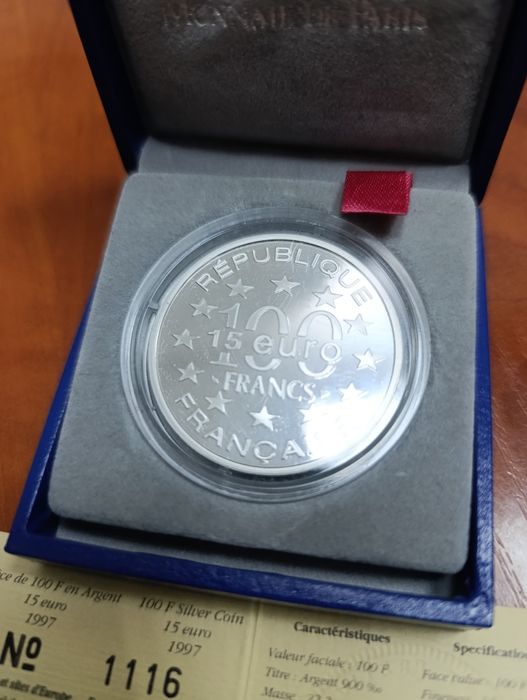 Срібна монета 100 франків. 1997 рік. ПРУФ. Сертифікат. Футляр.