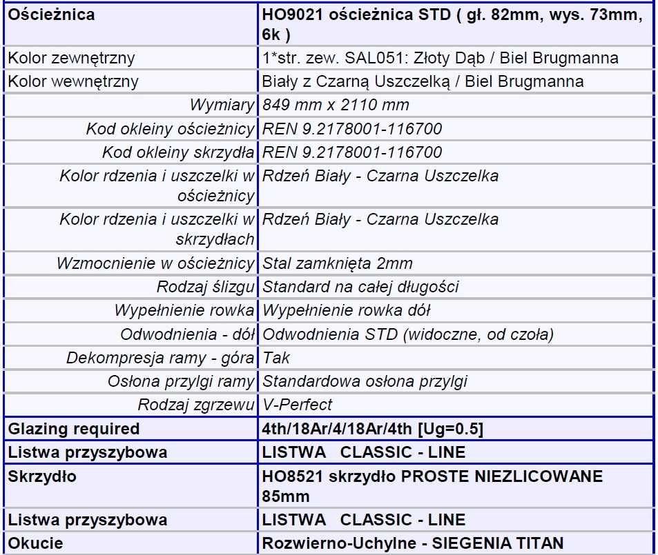 Okno balkonowe NOWE! zew. Złoty dąb/wew. Białe 849x2110