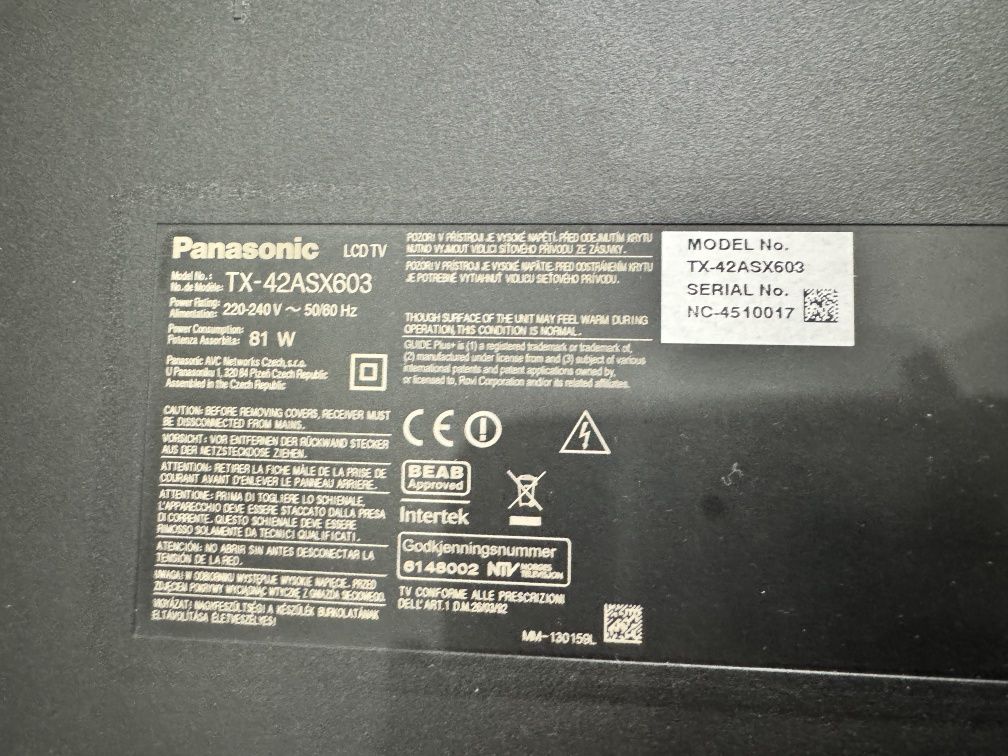 Panasonic TX42ASX603 42" LED TV
Fladskærms TV
PANASONIC TX42ASX603 42"