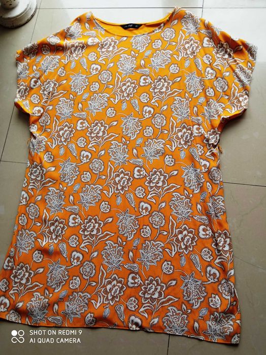 F&F 52 50 sukienka boho pachy 130cm pas musztardowa łączone materiały
