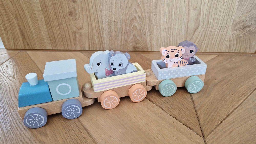 JOUECO Drewniany Pociąg ze zwięrzątkami, Montessori
