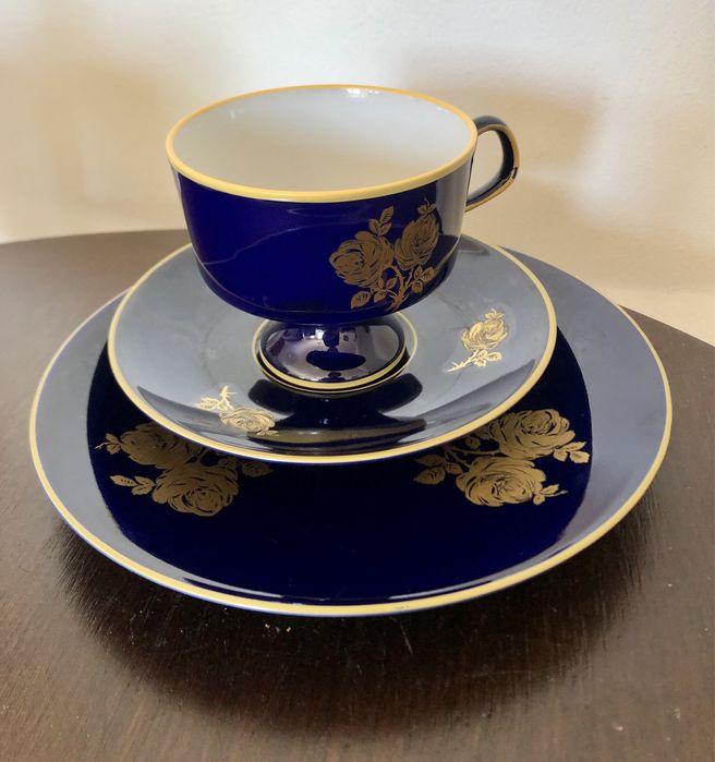 Echt kobalt . Fine China Lichte. Porcelana Trio . Zestaw sniadaniowy