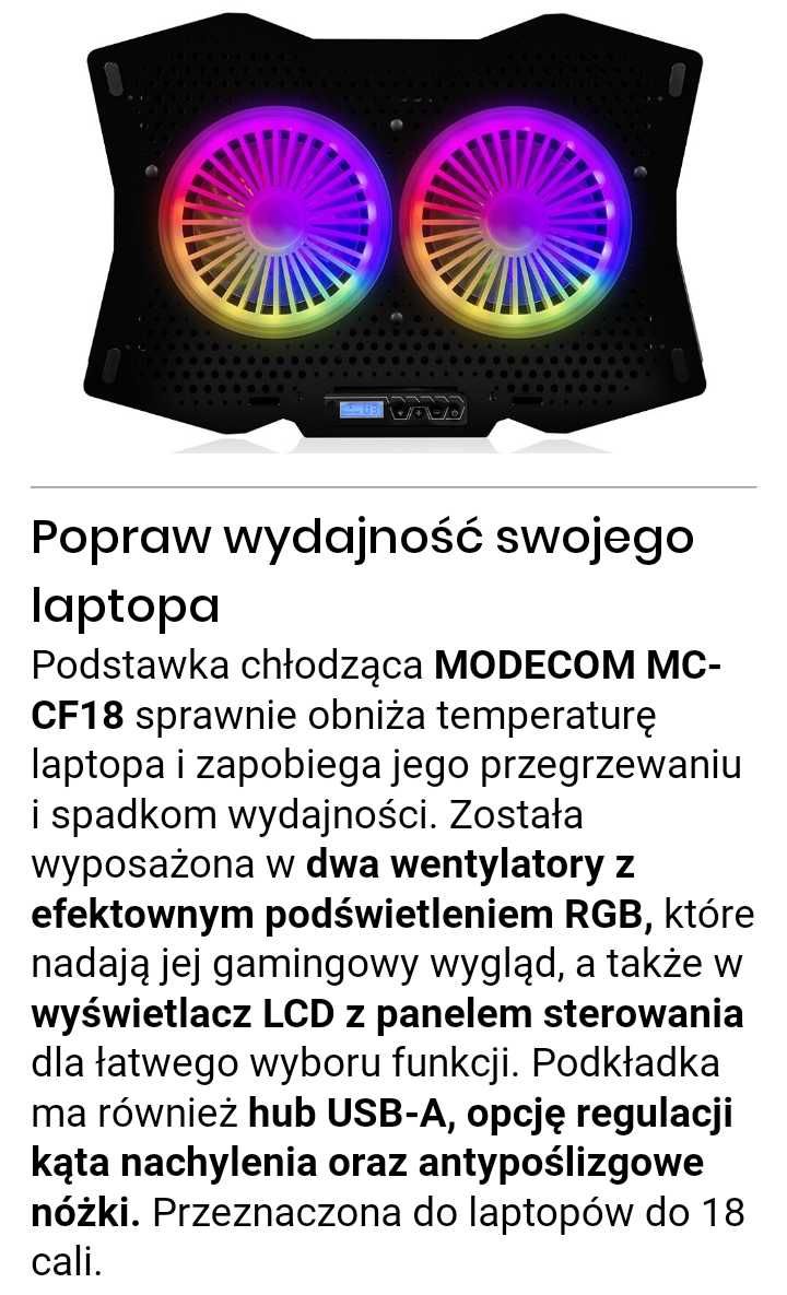 MODECOM MC-CF18 RGB podkładka chłodząca pod laptopa 15,6 do 17