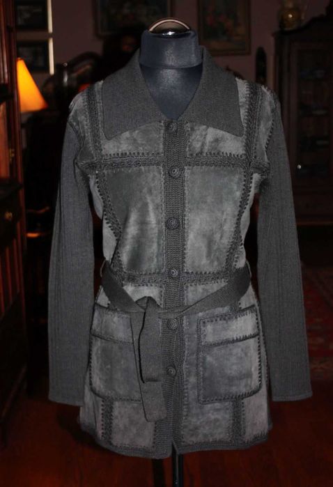 Terranova-sweter zapinany,zamsz naturalny+wełna,roz.L