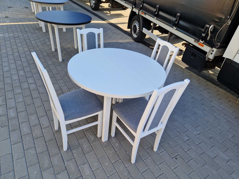 Nowe: Stół okrągły rozkładany + 4 krzesła , biały + szary , dostawa PL