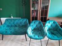 sofa i 2 krzesła butelkowa zieleń, welur, używane, stan idealny.