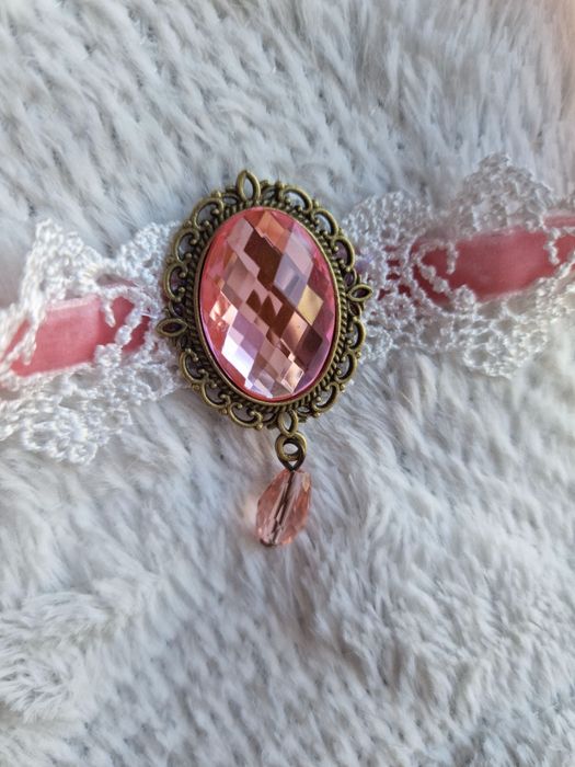 Biała różowa kolia choker koronkowy naszyjnik gotycki emo vintage