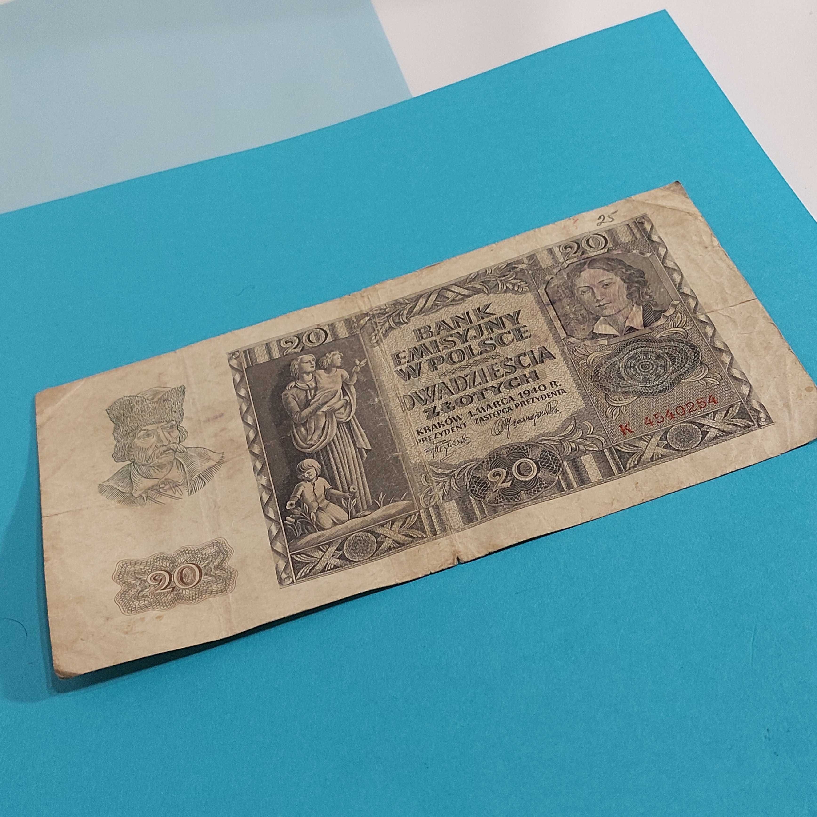 Банкнота,  бона, бон, 20 злотых, zlotych 1940