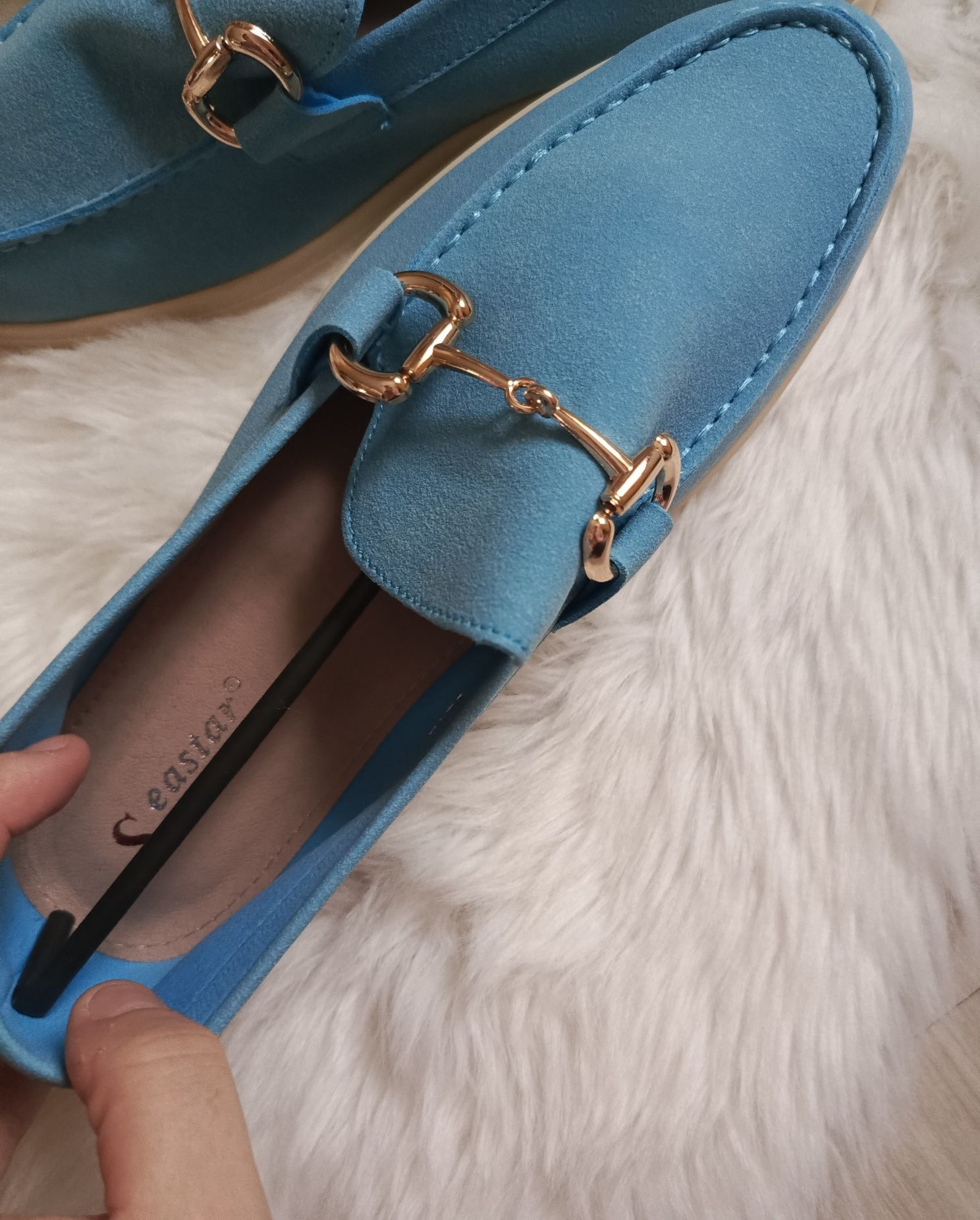 Mokasyny damskie buty niebieskie turkusowe przejściowe płaski obcas 40