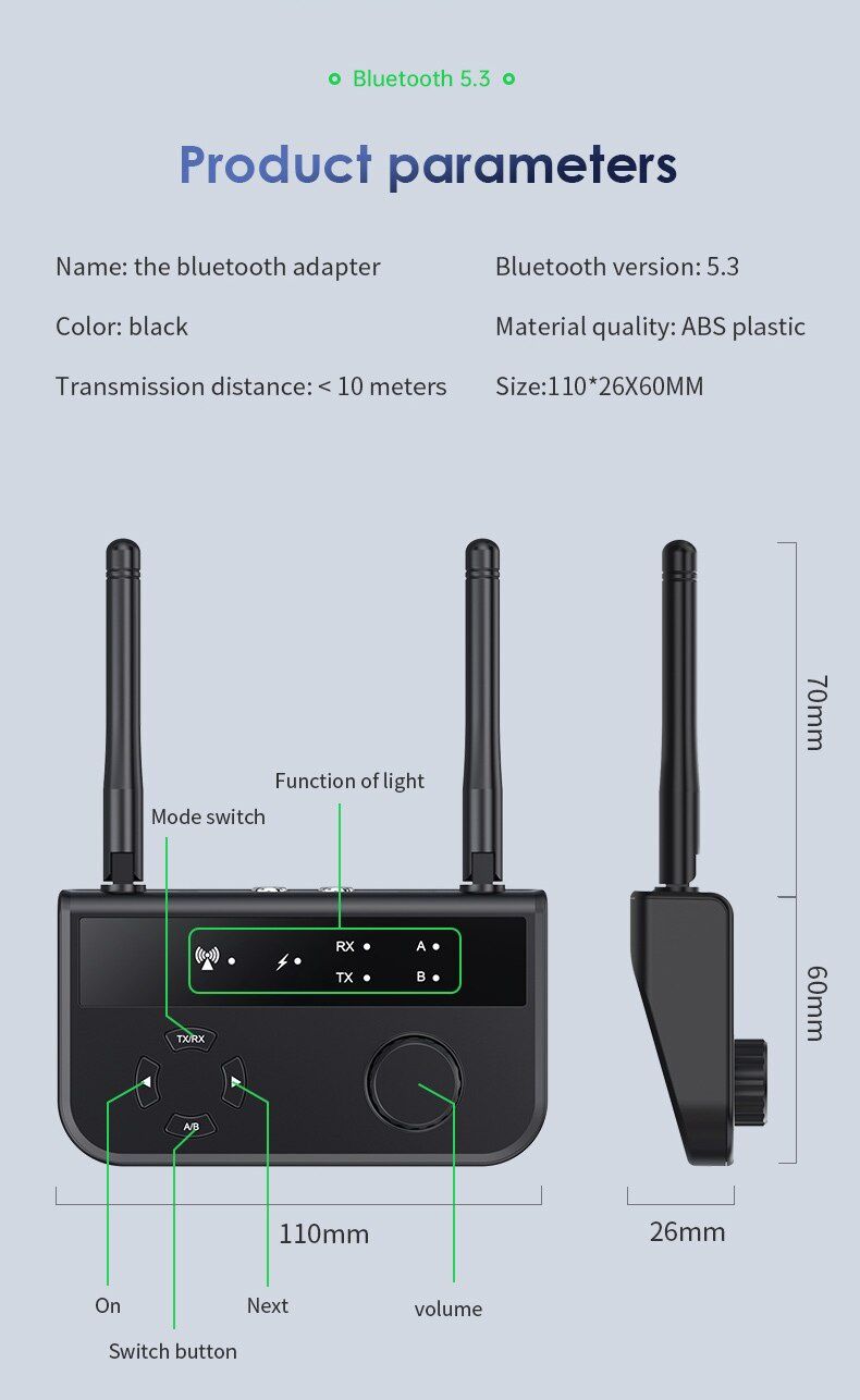 Receptor e emissor de áudio Bluetooth 5.3 modos Rx Tx com antena NOVO