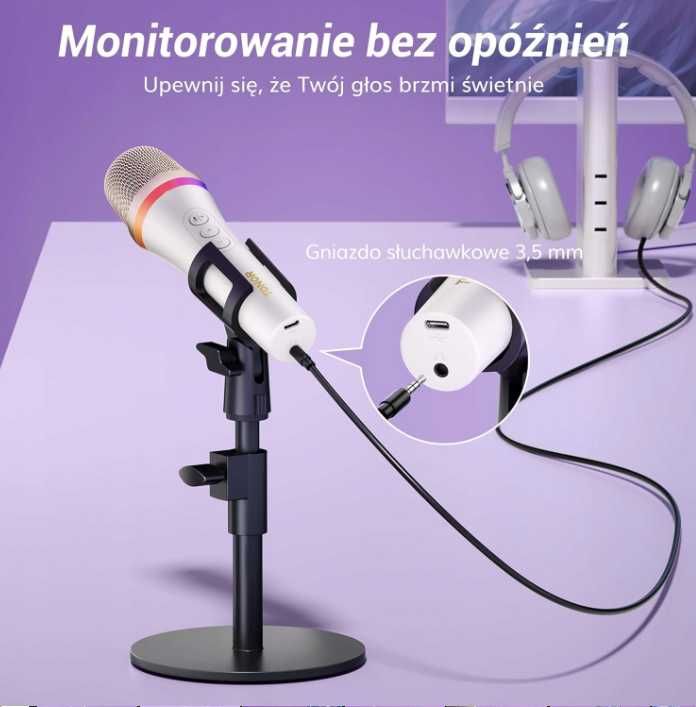 Mikrofon Dynamiczny USB Typ C RGB do Gier Podcas YouTube Karaoke Biały