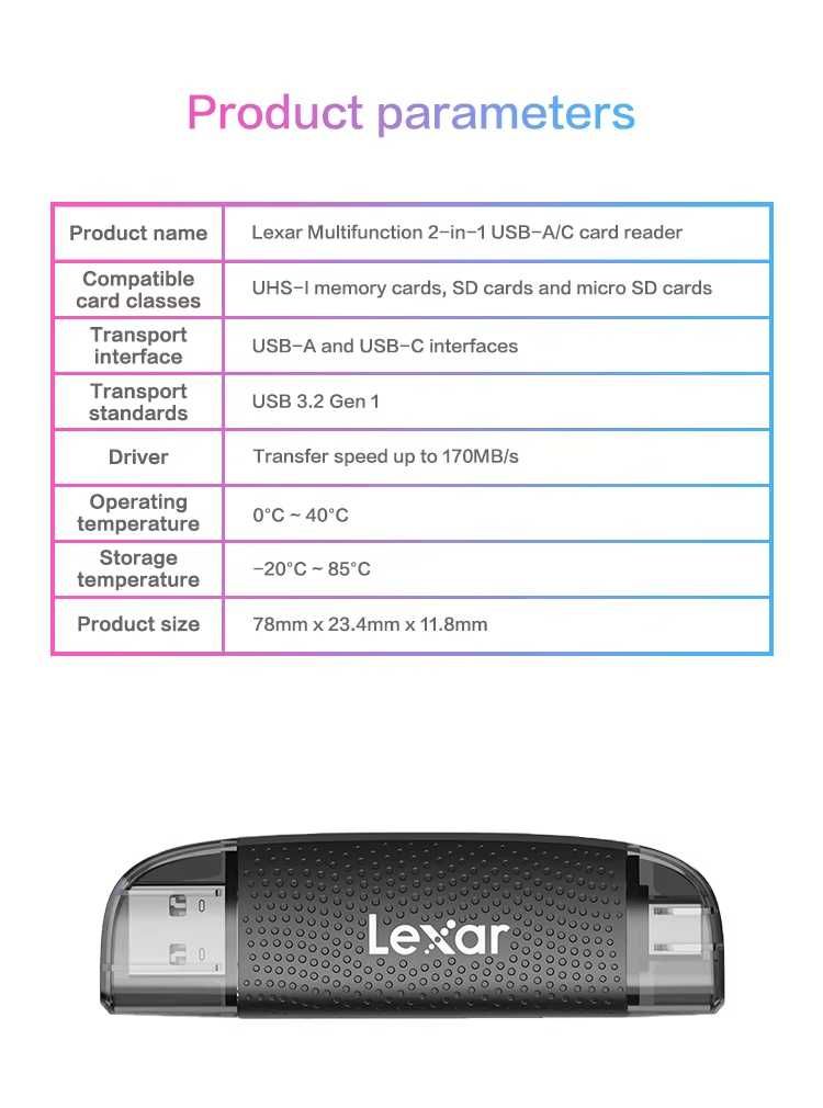 Czytnik kart pamięci Lexar Dual Slot USB-A/C RW310X microSD/SD USB 3.1
