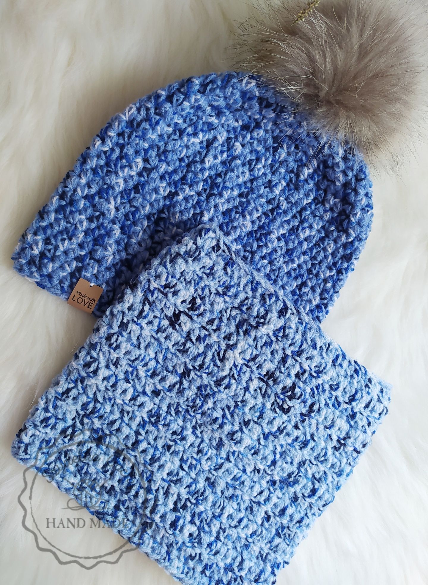Komplet czapka smerfetka boho z kominem na szydełku Handmade