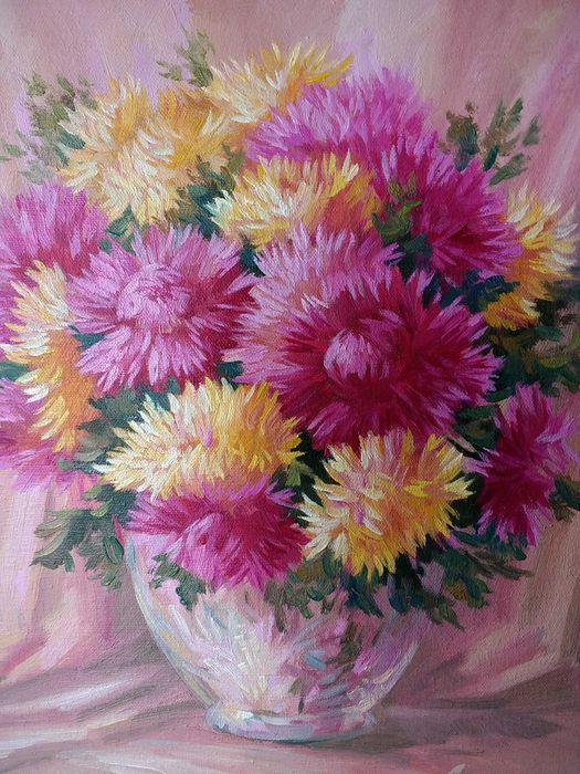 "Астры в хрустальной вазе",картина маслом