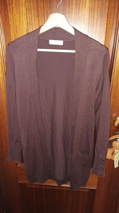 Casaco cardigã, comprido, castanho