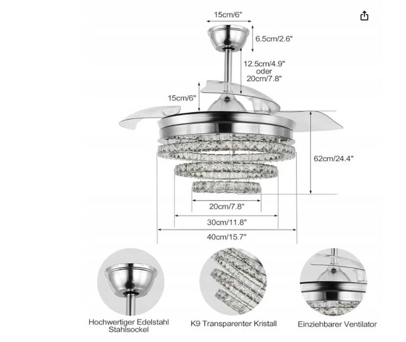 kryształowy żyrandol, wentylator sufitowy Lampa z 3 diodami LED Pilot