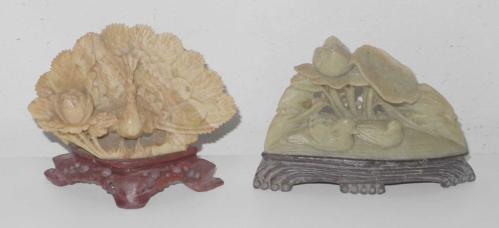 KAMIEŃ MYDLANY - 2 figurki z ptakami - CHINY