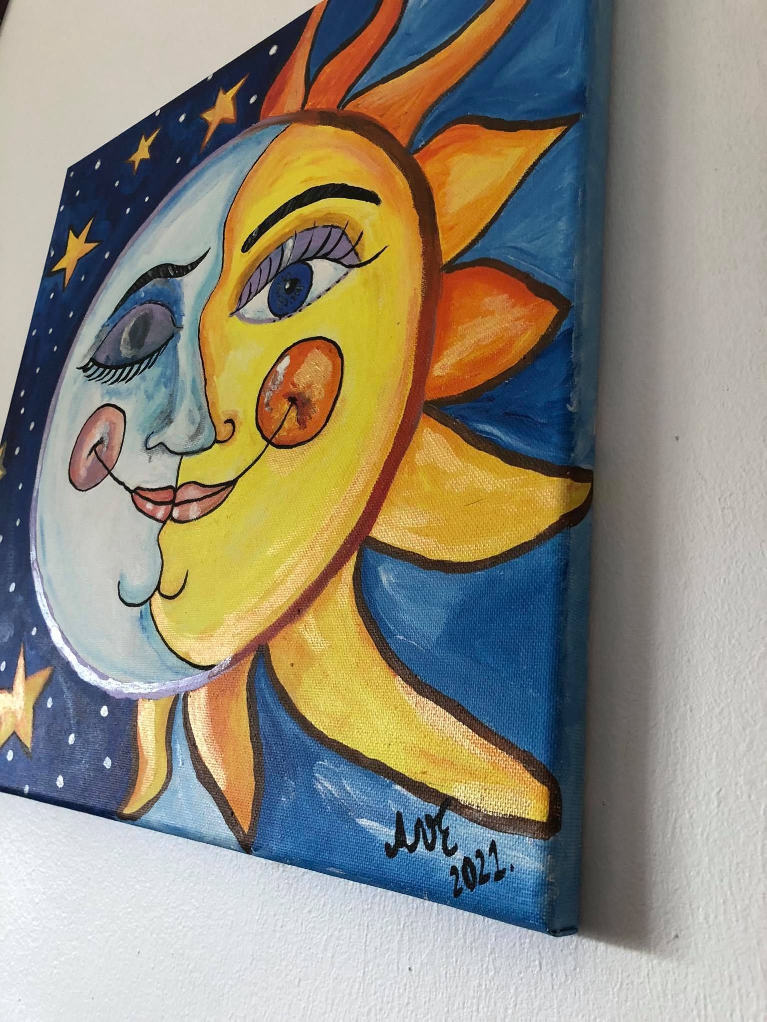 Quadro pintura lua e sol