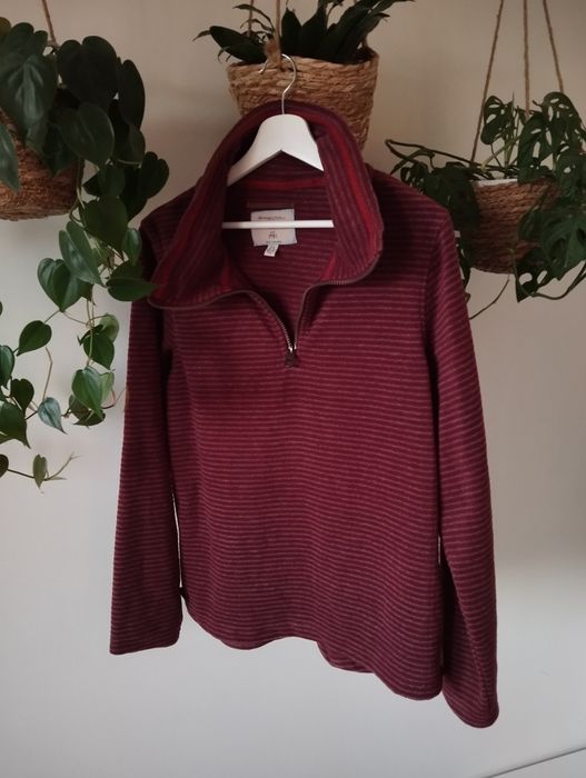 Damska bluza polarowa z wysoką stójką, krótki suwak, bordowa, w paski,