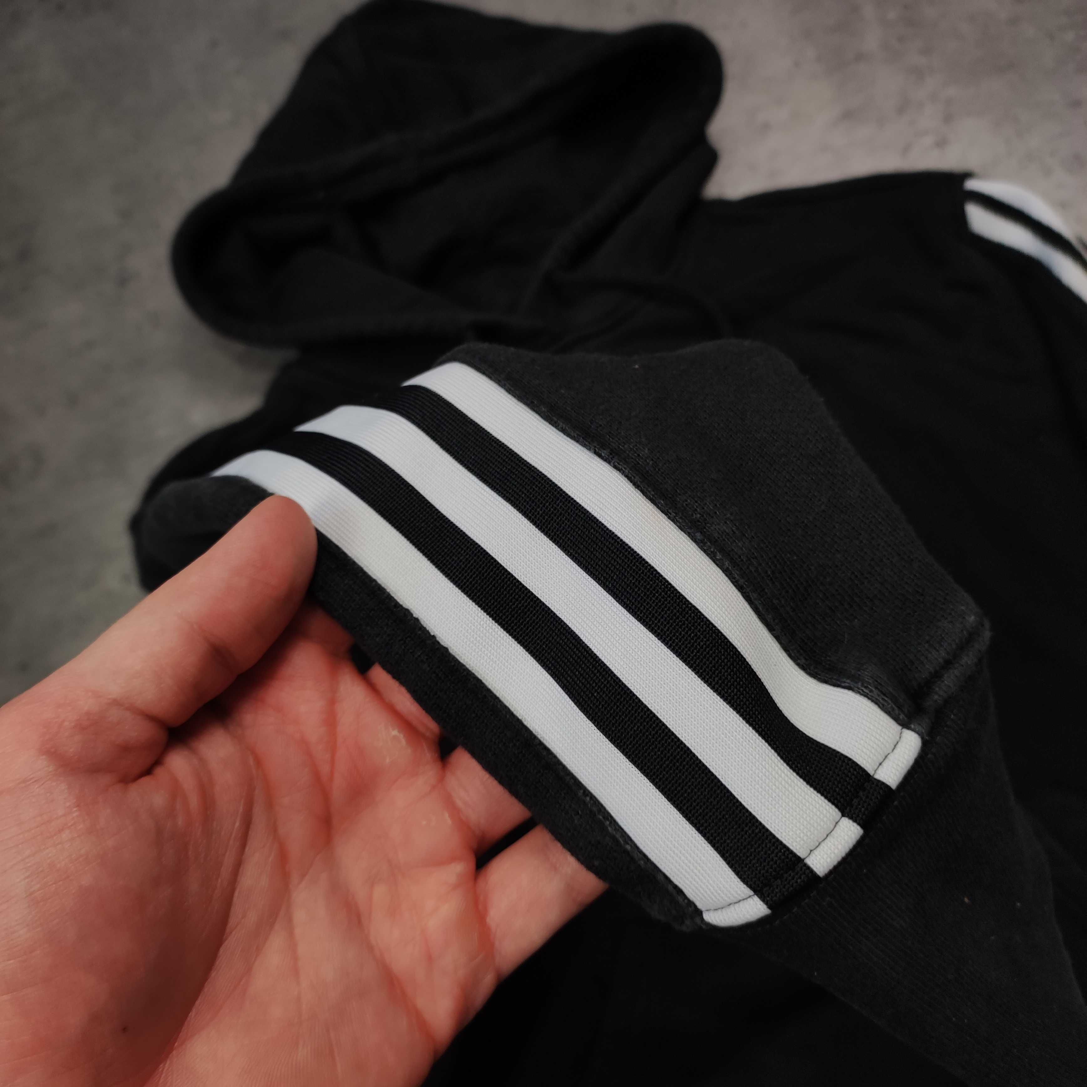 MĘSKA Bluza Czarna Bawełna 3 Paski Adidas Haftowane Logo Hoodie Kaptur