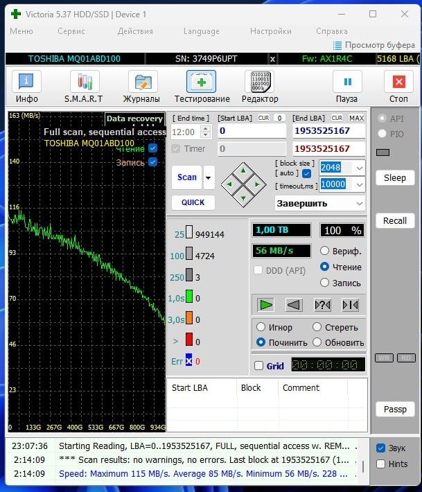 Вінчестер Toshiba (MQ01ABD100) 1ТБ