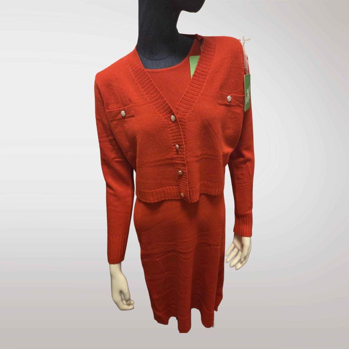 Zimowy Komplet Dzianinowy Sukienka + Sweter Czerwony   S M