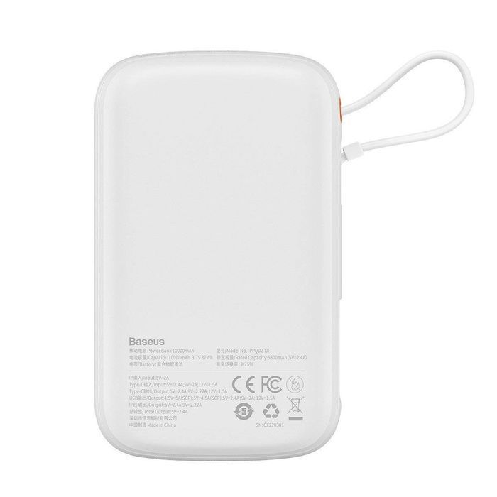 Baseus powerbank 10000mAh 20W QC/PD/SCP/FCP z kablem Lightning biały