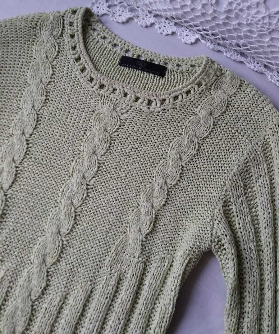 Junfeng zielony groszek warkocze sploty fajny sweterek sweter S