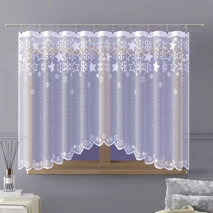 Firanka żakardowa gotowa Śnieżki i gwiazdki 200x120 cm biała