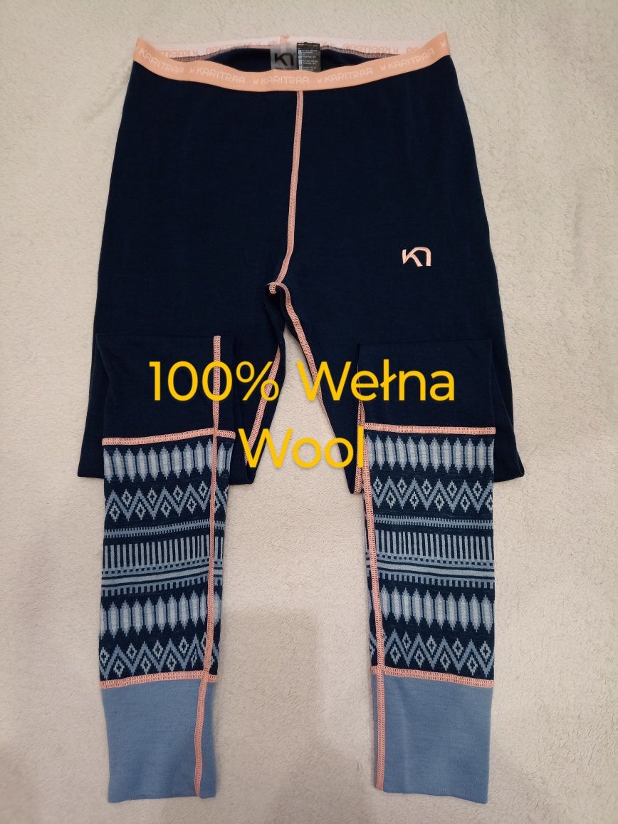 Śliczne getry legginsy termiczne wełniane, 100% Wełna Wool, Kari Traa