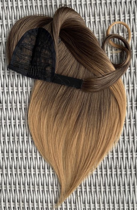 Premium Ultra włosy doczepiane, szatyn / blond / ombre, kucyk