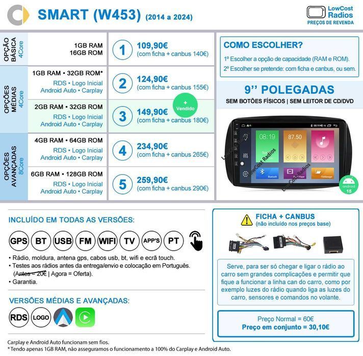 (SALDOS 2025) Rádio SMART 451 e 453 | GPS ANDROID 15 BT USB APPS WIFI