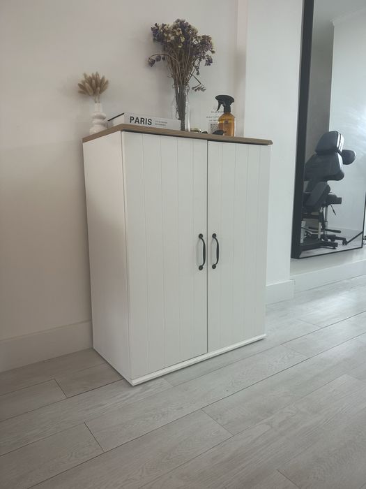 Movel arrumação branco e madeira