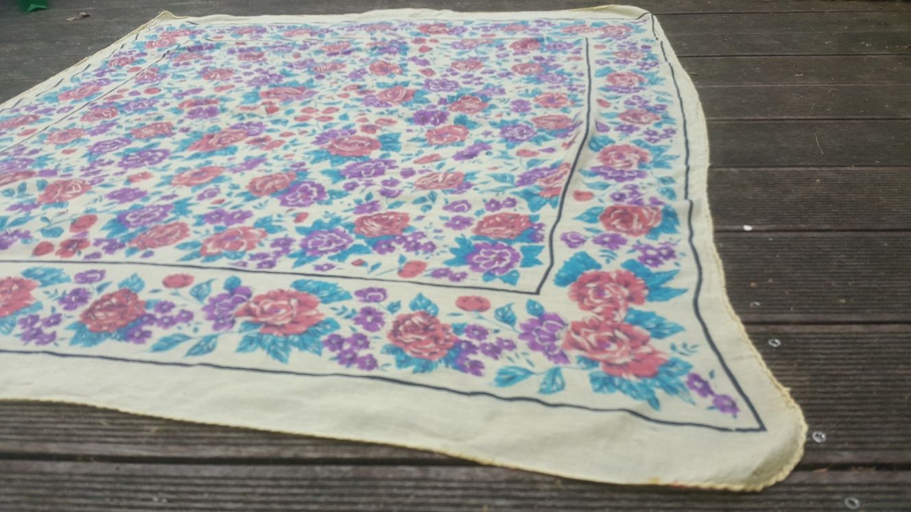 Duża chusta chustka vintage bawełniana kwiaty ecru 90 x 100 cm boho