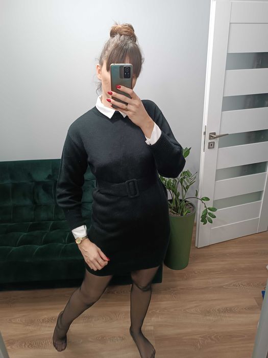 Sukienka dzianinowa sweterkowa półgolf pasek