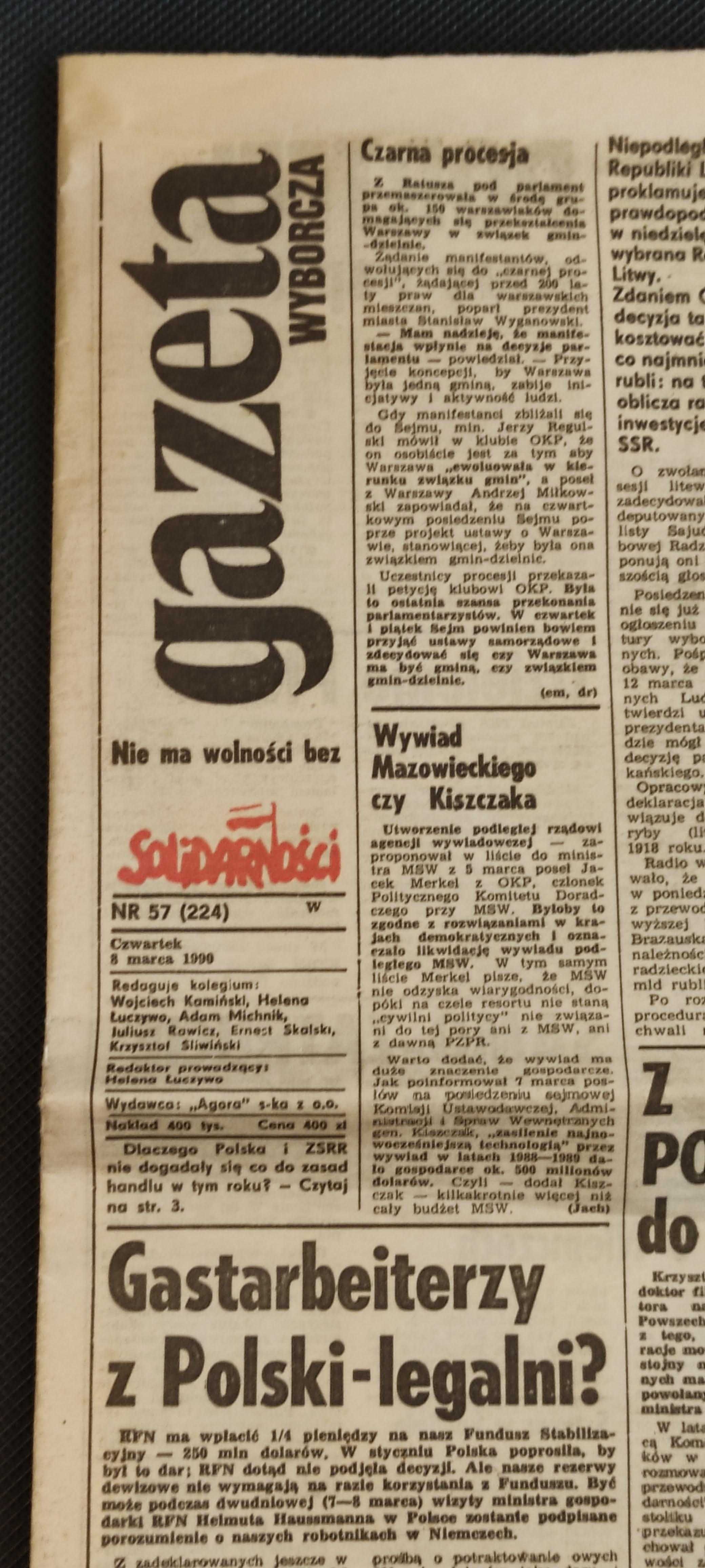 Kolekcja - Stara ''GAZETA WYBORCZA'' Nr.57 (224) Czwartek 8 Marca 1990