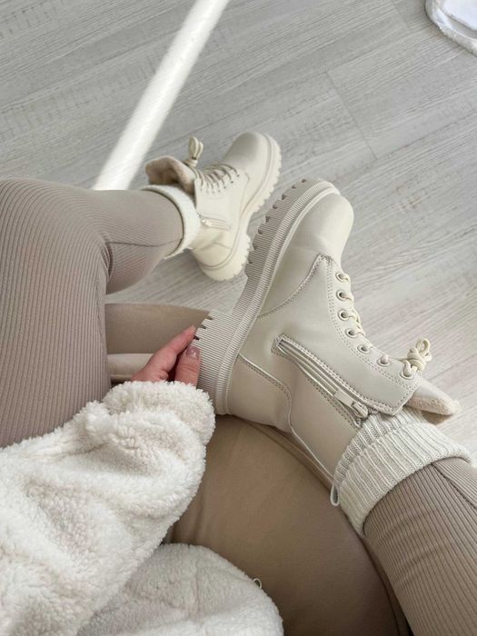 Жіночі зимові черевики (36-41) шкіряні бежеві | сапожки ботинки