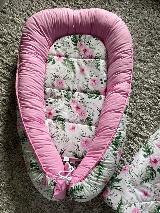 Komplet 3w1 kokon niemowlęcy rożek różowy Minky&Bawełna Kwiaty Babymam