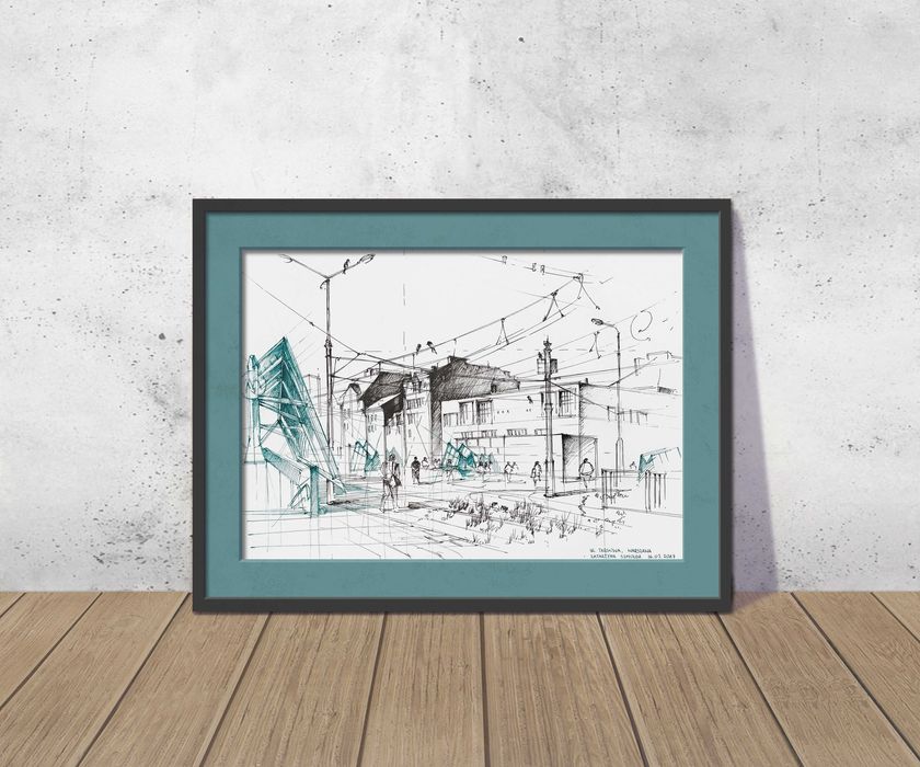 Obraz Rysunek odręczny A3 29,7 x 42 - cienkopis - architektura, ulica