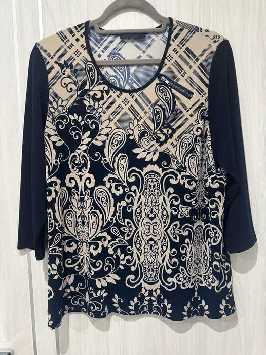 Bluzka ażurowa 3/4 rękaw elegancka wiskoza granat z beż 2XL/3XL Butik