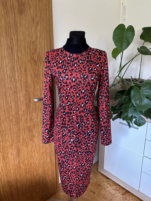 Zara L 40 sukienka tuba czerwona panterka z polgolfem dzianina red