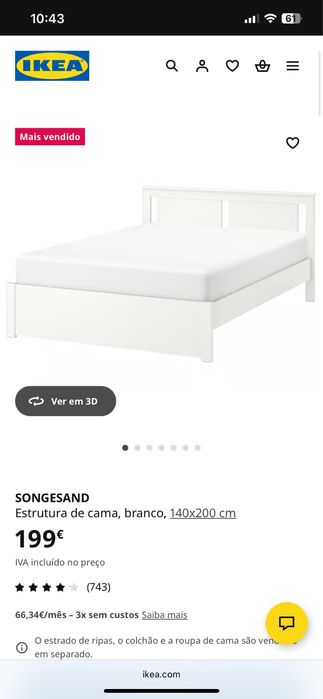 Cama IKEA SONGESAND 140x200 cm branca.